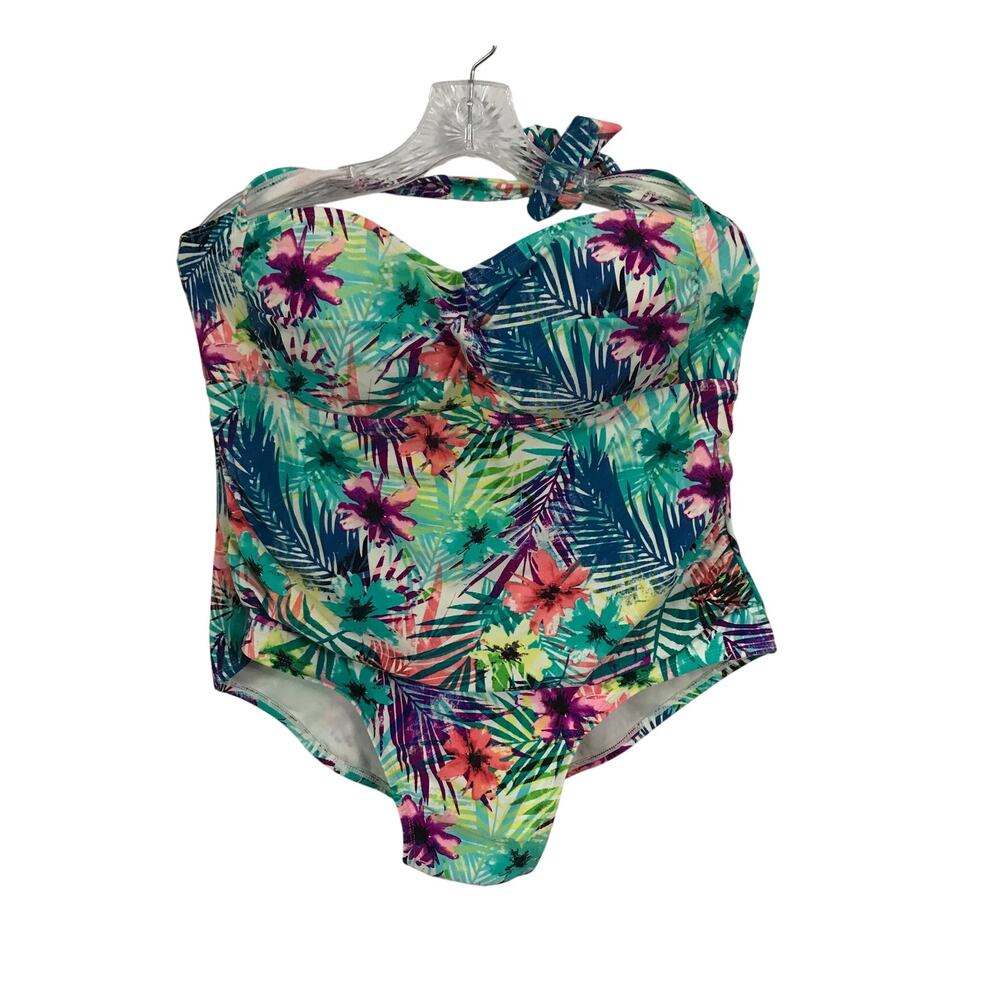 Catalina Swimsuit 16W 1X Womens One Piece Halter Top Floral Tropical Print Multi